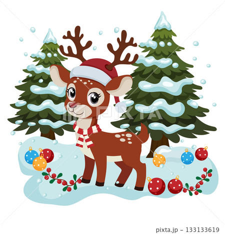 deer christmas with pine tree snow and baubles flat style deer christmas with pine tree snow and baubles flat style 133133619