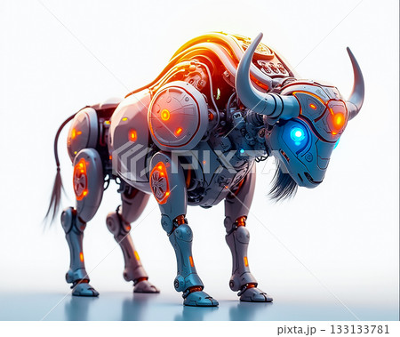 Robotic bull with glowing features stands in a futuristic landscape during the evening 133133781