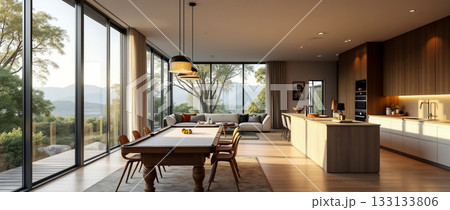 Modern interior design showcases elegant kitchen and game area with scenic mountain views during golden hour Modern interior design showcases elegant kitchen and game area with scenic mountain views during golden hour 133133806