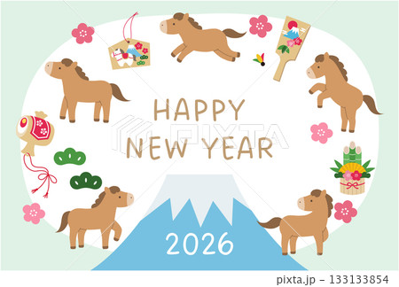 2026年午年の年賀状テンプレート。馬、正月、ベクター、富士山 2026年午年の年賀状テンプレート。馬、正月、ベクター、富士山 133133854