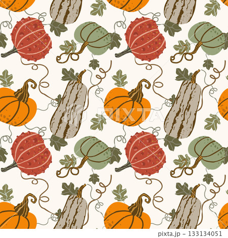 Seamless pattern of pumpkins and zucchini with leaves. Good for for textiles, packaging, backgrounds. Seamless pattern of pumpkins and zucchini with leaves. Good for for textiles, packaging, backgrounds. 133134051
