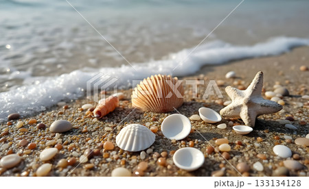 Shelled treasures resting on a sandy beach by the gentle waves during midday sun 133134128