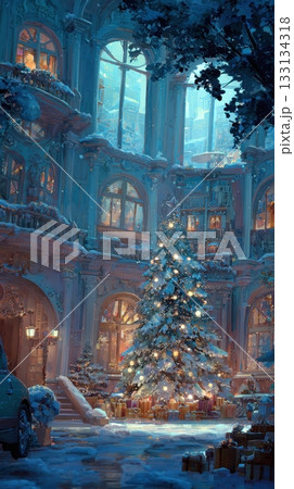 Enchanting Winter Courtyard with Christmas Tree and Snow 133134318
