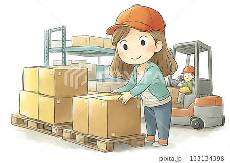 倉庫で貨物の積み直し作業をする女性スタッフ 倉庫で貨物の積み直し作業をする女性スタッフ 133134398