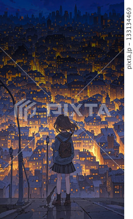 夜景を眺める女の子　A girl gazing at the night view 133134469
