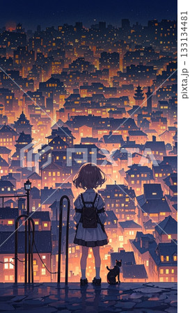 丘からの街並みを眺める女の子　A girl overlooking the cityscape fr 133134481