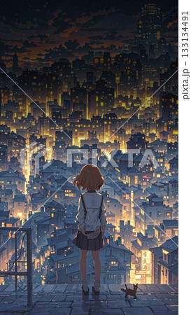 夜景を眺める女の子　A girl gazing at the night view 133134491