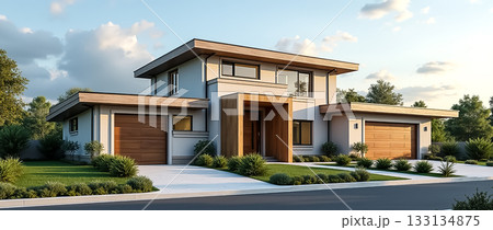 Modern two-story home with wooden accents and landscaped yard in bright afternoon light 133134875