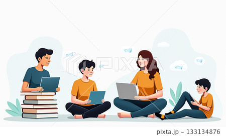 Family engaged in educational activities at home with laptops and books in a cozy setting Family engaged in educational activities at home with laptops and books in a cozy setting 133134876