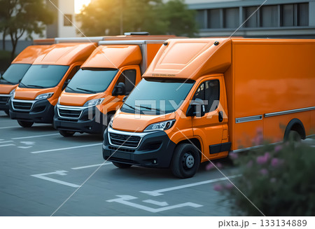 Multiple orange delivery trucks parked in a logistics facility during golden hour Multiple orange delivery trucks parked in a logistics facility during golden hour 133134889