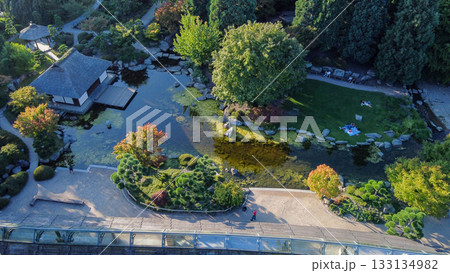 Japanese garden , blurred motion people and pedestrian passage in Hamburg 133134982