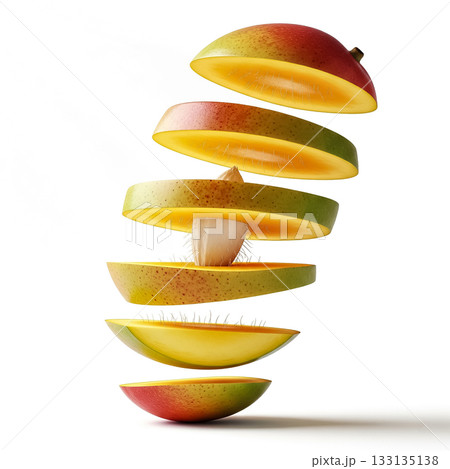Slices of ripe mango floating in mid-air against a clean white background showcasing vibrant colors and textures Slices of ripe mango floating in mid-air against a clean white background showcasing vibrant colors and textures 133135138