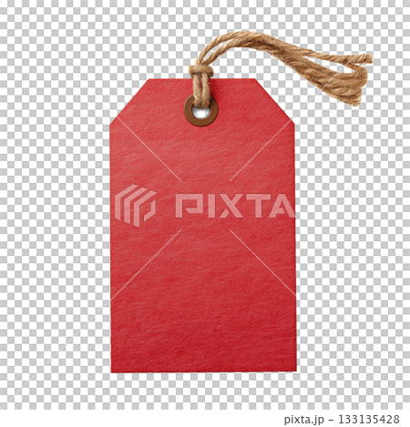 Bright Red Tag With Twine Hanging on a White Background Shows Plain Texture and Design Details Bright Red Tag With Twine Hanging on a White Background Shows Plain Texture and Design Details 133135428