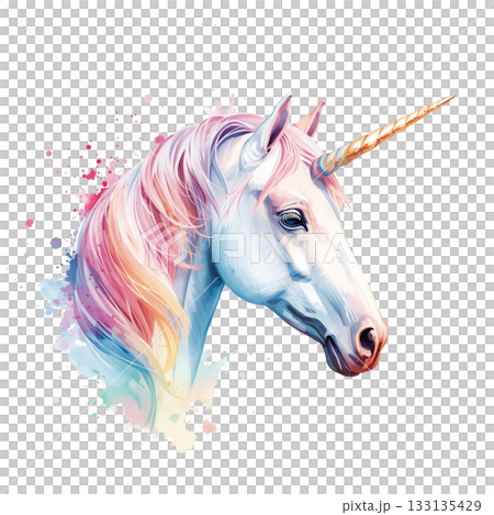Colorful Unicorn Head Surrounded by Artistic Splashes on a Bright Background Colorful Unicorn Head Surrounded by Artistic Splashes on a Bright Background 133135429