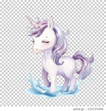 Cute Unicorn Splashing in Water With Joyful Expression and Flowing Mane Cute Unicorn Splashing in Water With Joyful Expression and Flowing Mane 133135444