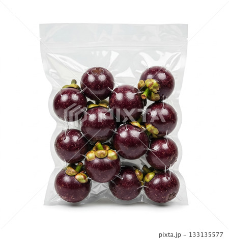Fresh mangosteen fruit displayed in a clear plastic bag for sale at a grocery store or market Fresh mangosteen fruit displayed in a clear plastic bag for sale at a grocery store or market 133135577