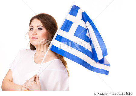 Woman with greek waving flag, on white Woman with greek waving flag, on white 133135636