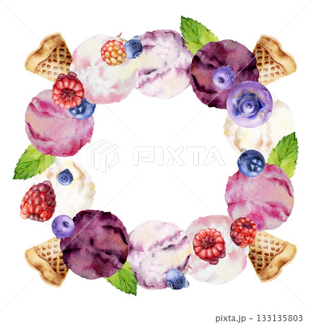Fresh mint, raspberry blueberry sorbet gelato scoops, waffle slices. Isolated wreath frame illustration hand drawn in watercolor. Dessert-themed product label, summer party flyer, flavor pairing art. 133135803