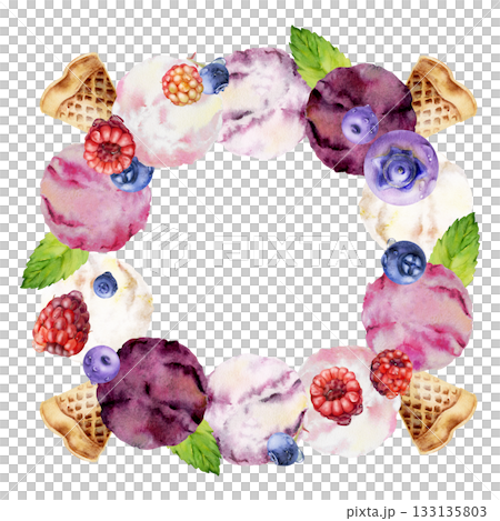 Fresh mint, raspberry blueberry sorbet gelato scoops, waffle slices. Isolated wreath frame illustration hand drawn in watercolor. Dessert-themed product label, summer party flyer, flavor pairing art. 133135803