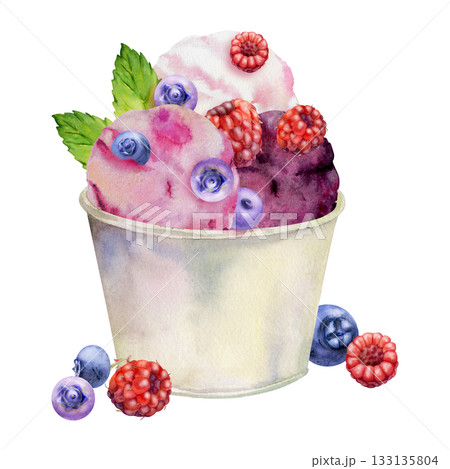 Raspberry blueberry gelato scoops in recyclable plastic dessert cup topped with fresh berries, mint leaves. Isolated illustration hand drawn in watercolor. Summer party decor, sweet product sticker 133135804