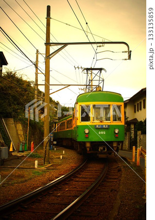 夕暮れの江ノ島電鉄の風景　七里ガ浜－由比ガ浜間（江ノ電350系） 133135859