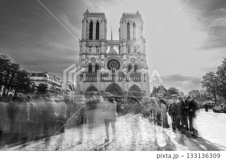 Visitors gather around Notre-Dame-de-Paris during sunset in black and white 133136309