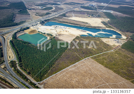Aerial view of A64 highway near Saint-Geours-de-Marenne in Landes region 133136357