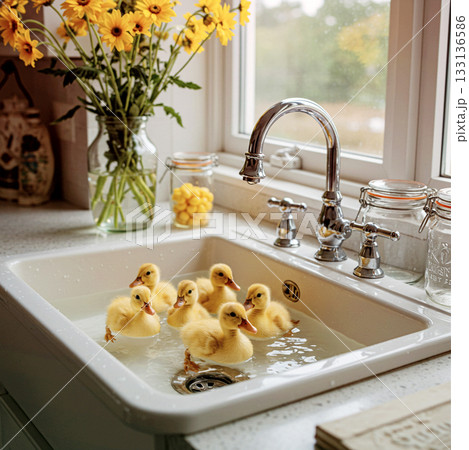 キッチンのシンクで水遊びするアヒルのヒナたち キッチンのシンクで水遊びするアヒルのヒナたち 133136586