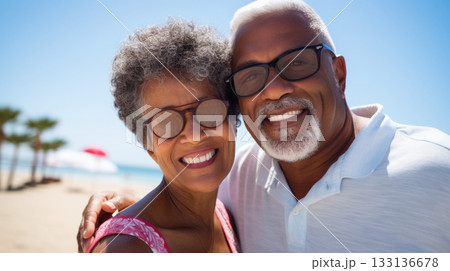 POC Mature couple enjoying time on beach. Summer holiday happy man and woman 133136678