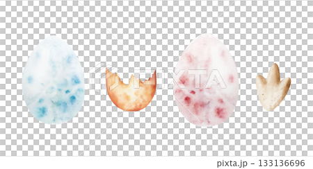 Dinosaur eggs. Watercolor hand drawn prehistoric Brachiosaurus animal. Isolated illustration on transparent background. Perfect for for nursery and baby shower, tropical design projects. For designers 133136696