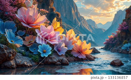 The image radiates calm, peace and magic, reminiscent of landscapes from fairy tales or fantasy worlds The image radiates calm, peace and magic, reminiscent of landscapes from fairy tales or fantasy worlds 133136857