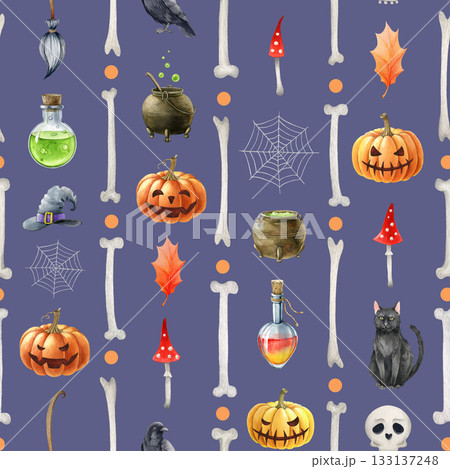 Halloween mood seamless pattern festive decoration. Vintage style watercolor illustration. Hand drawn cauldron, potion bottle, cat, raven, pumpkins. Halloween themed elements on violet background 133137248