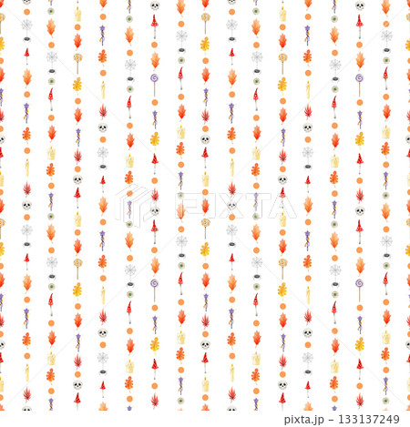 Halloween traditional festive elements seamless pattern decor. Hand drawn candy treats, potion bottle, autumn leaves, spider webs watercolor illustration. Halloween pattern on white background Halloween traditional festive elements seamless pattern decor. Hand drawn candy treats, potion bottle, autumn leaves, spider webs watercolor illustration. Halloween pattern on white background 133137249
