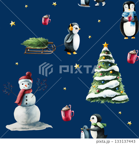 Seamless pattern with cute smiling penguin pulling wood winter sleigh with pine tree. Christmas tree in the snow with toys, balls. Snowman in a red hat and scarf, nose carrot, hands branches with 133137443