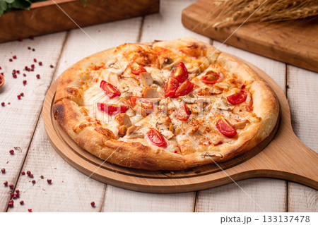 Chicken pizza with tomatoes Chicken pizza with tomatoes 133137478