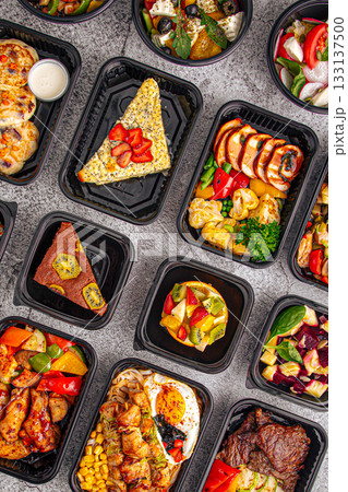 Colorful healthy meal prep dishes assortment Colorful healthy meal prep dishes assortment 133137500