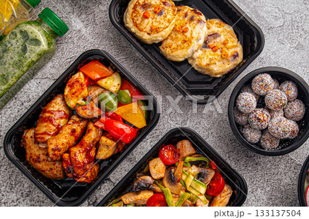 Healthy assorted meal prep dishes with vegetables 133137504