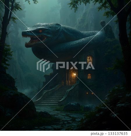 A huge grey fossilized snake with bright red eyes and sharp teeth coils around the top of the house 133137635
