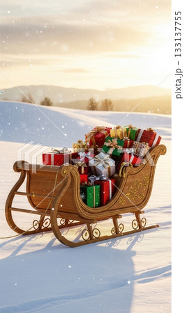 A wooden sleigh full of colorful gifts sits in a snowy landscape at sunset. This magical, festive scene evokes holiday wonder. Perfect for greeting cards, seasonal ads, and winter backgrounds. 133137755