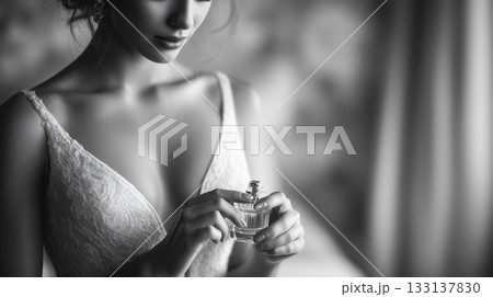 bride applying perfume on her wrist 133137830
