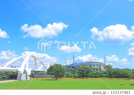 愛知県豊田市、豊田大橋と豊田スタジアムの風景 133137861