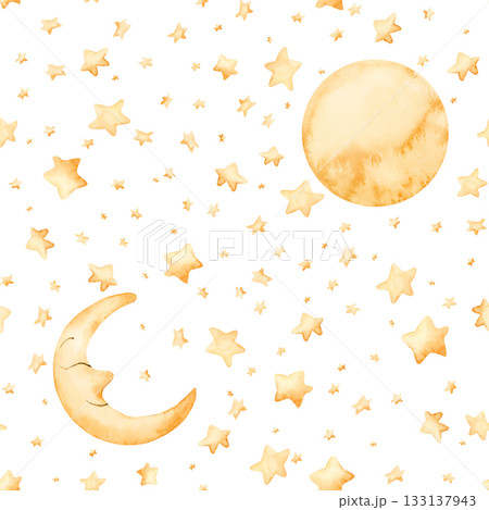Cute golden moon crescent stars seamless pattern. Watercolor hand drawn illustration isolated on white background for baby nursery textile kids fabric holiday Ramadan design print wrapping paper 133137943