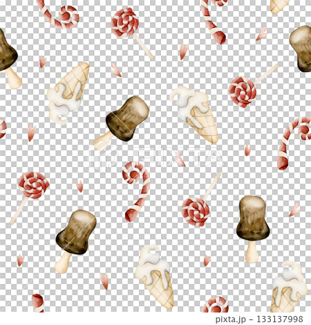 Cute ice cream candy cane sweets seamless pattern. Watercolor hand drawn illustration isolated on white background for baby nursery kids design holiday Christmas print home textile cozy wrapping paper 133137998