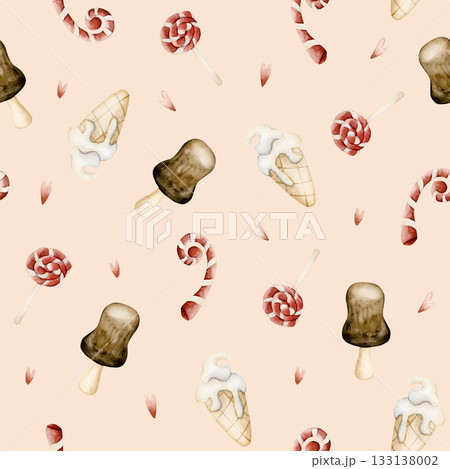 Cute ice cream candy cane sweets seamless pattern. Watercolor hand drawn illustration isolated on beige background for baby nursery kids design holiday Christmas print home textile cozy wrapping paper 133138002