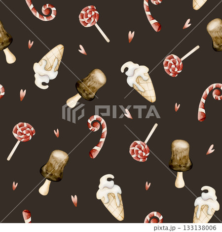 Cute ice cream candy cane sweets seamless pattern. Watercolor hand drawn illustration isolated on dark background for baby nursery kids design holiday Christmas print home textile cozy wrapping paper Cute ice cream candy cane sweets seamless pattern. Watercolor hand drawn illustration isolated on dark background for baby nursery kids design holiday Christmas print home textile cozy wrapping paper 133138006