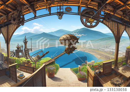 ゲーム背景　飛空艇乗り場と飛行船のある風景 133138038