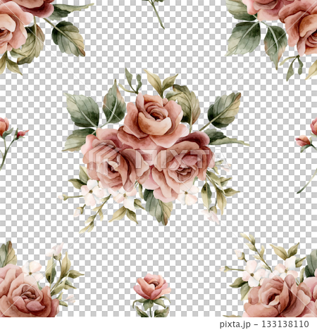 Roses with leaves seamless pattern on white background. Dusty pink garden Victorian flower. Watercolor hand painted floral illustration for wedding design home textile fabric cosmetic package wrapping Roses with leaves seamless pattern on white background. Dusty pink garden Victorian flower. Watercolor hand painted floral illustration for wedding design home textile fabric cosmetic package wrapping 133138110