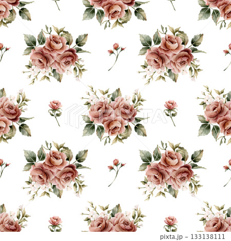Roses with leaves seamless pattern on white background. Dusty pink garden Victorian flower. Watercolor hand painted floral illustration for wedding design home textile fabric cosmetic package wrapping Roses with leaves seamless pattern on white background. Dusty pink garden Victorian flower. Watercolor hand painted floral illustration for wedding design home textile fabric cosmetic package wrapping 133138111