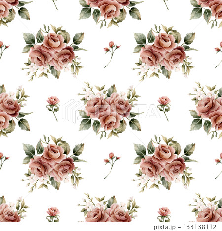 Roses with leaves seamless pattern on white background. Dusty pink garden Victorian flower. Watercolor hand painted floral illustration for wedding design home textile fabric cosmetic package wrapping 133138112