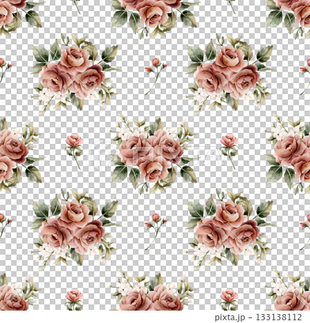 Roses with leaves seamless pattern on white background. Dusty pink garden Victorian flower. Watercolor hand painted floral illustration for wedding design home textile fabric cosmetic package wrapping 133138112